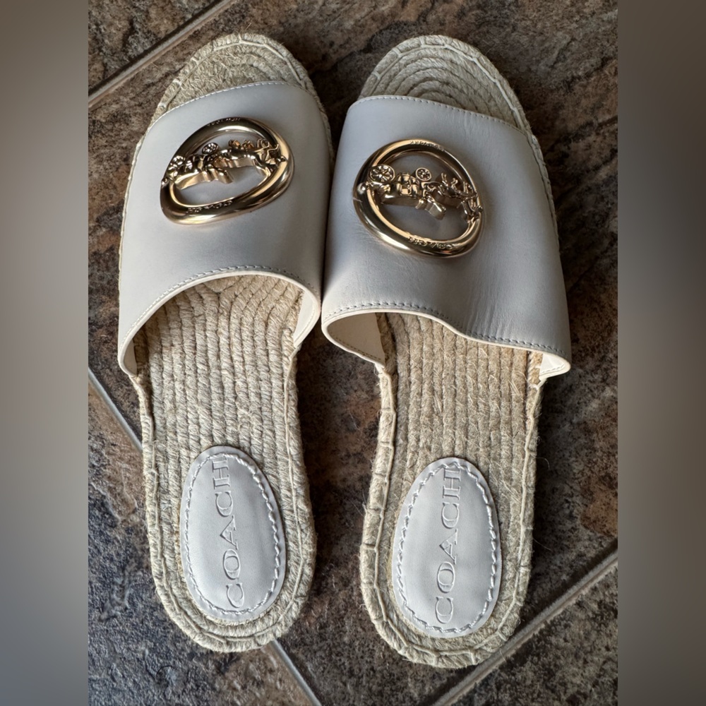 Coach Corey Leather Espadrille Slides- Chalk/Off White & Gold, Women’s 6.5B - Picture 5 of 10